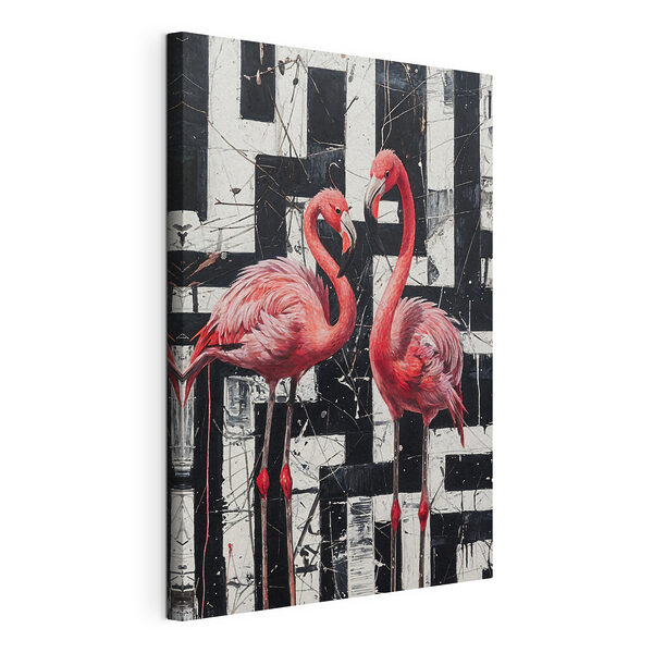 Wandbilder Wandbilder Ein Gemälde mit Flamingos auf schwarzem und weißem Hintergrund (Artikelnummer: s38954)