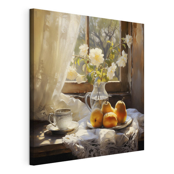 Wandbilder Ein Teller mit Obst und eine Tasse auf einem Tisch neben einer Vase mit Blumen (Artikelnummer: s39129) Wandbilder Wandbilder Ein Teller mit Obst und eine Tasse auf einem Tisch neben einer Vase mit Blumen (Artikelnummer: s39129)