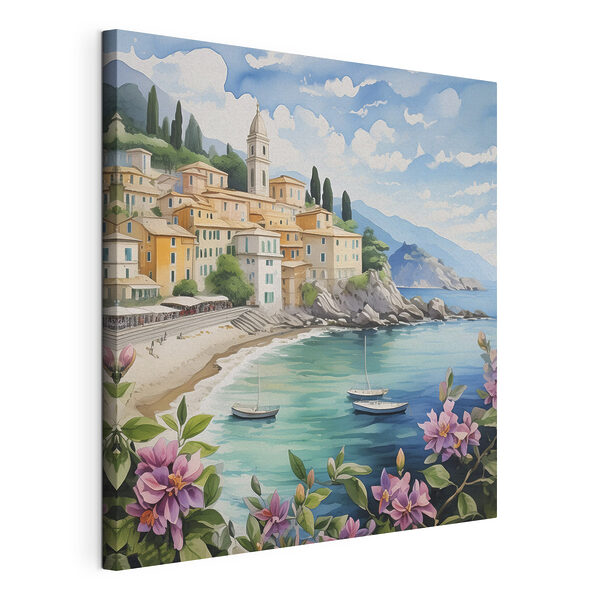 Ein Gemälde einer Stadt am Strand mit Booten und Blumen Wandbilder Ein Gemälde einer Stadt am Strand mit Booten und Blumen