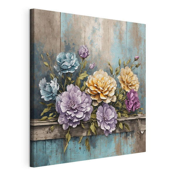 Ein Gemälde mit Blumen auf einem Holzsims Wandbilder Ein Gemälde mit Blumen auf einem Holzsims