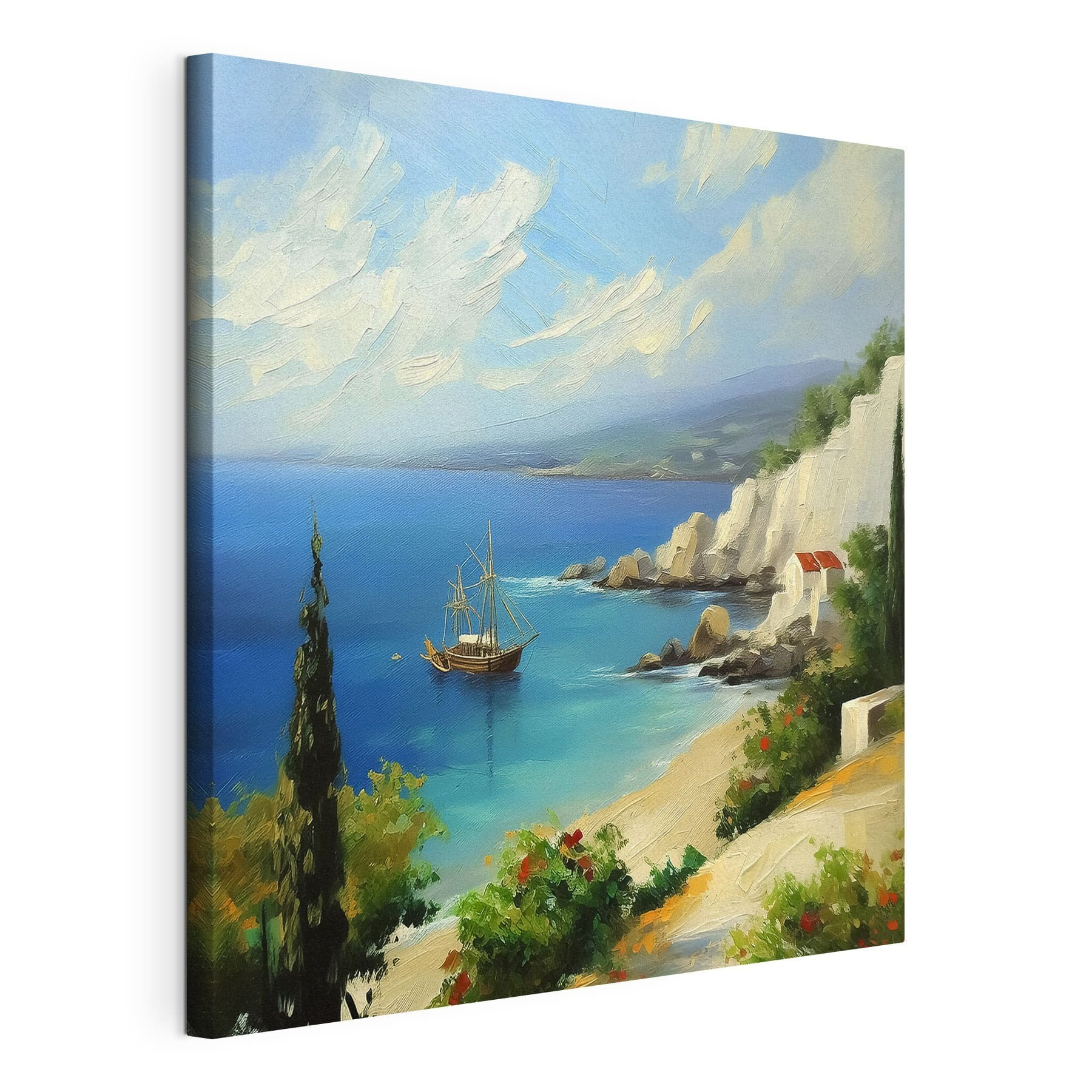 A painting of a boat in the water A painting of a boat in the water