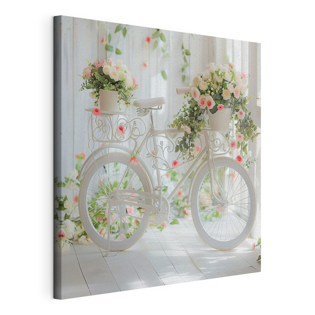 White bicycle with flowers on it