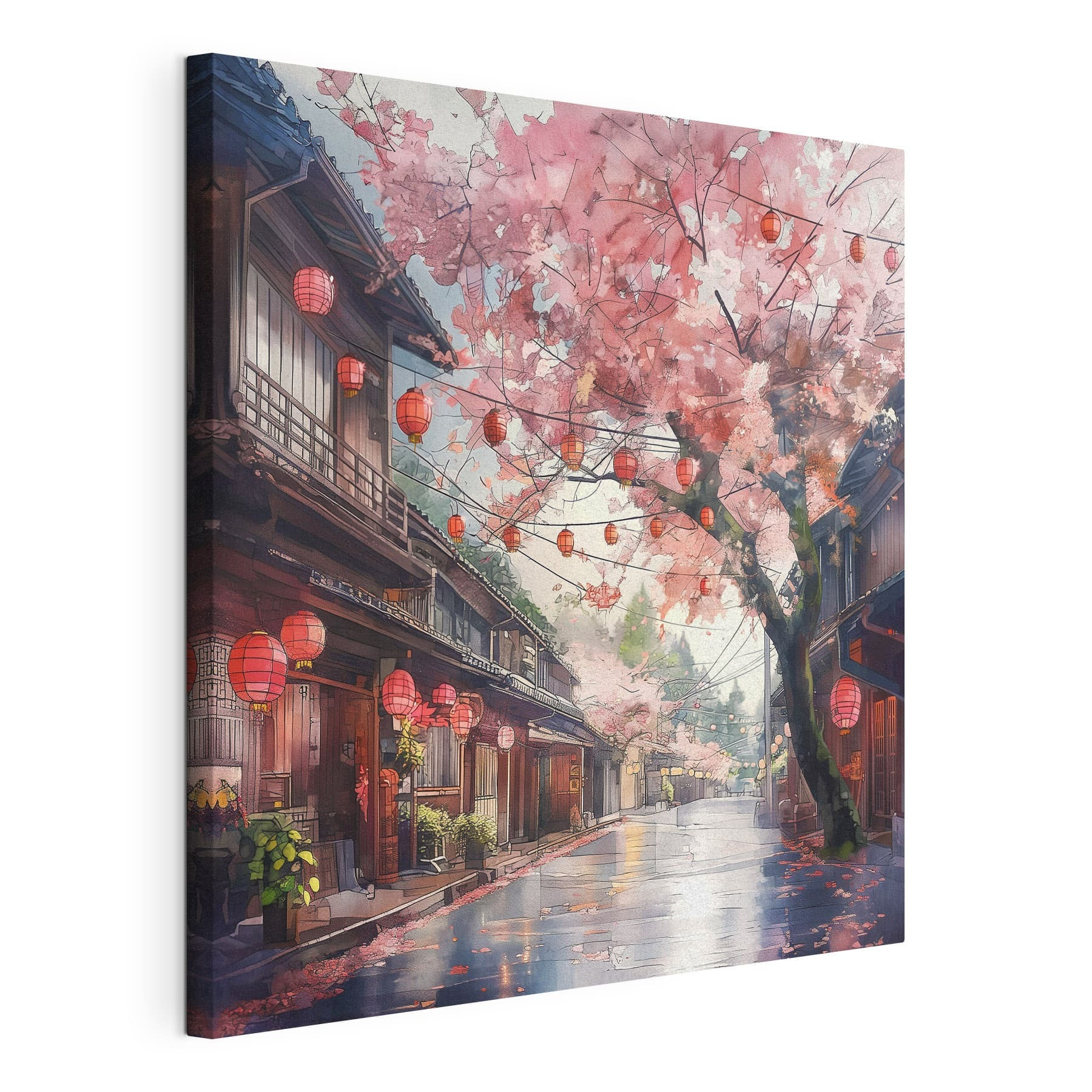 Street with pink lanterns and trees Street with pink lanterns and trees