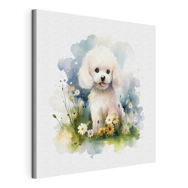 Weißer Hund in einem Blumenfeld sitzend Wandbilder Weißer Hund in einem Blumenfeld sitzend