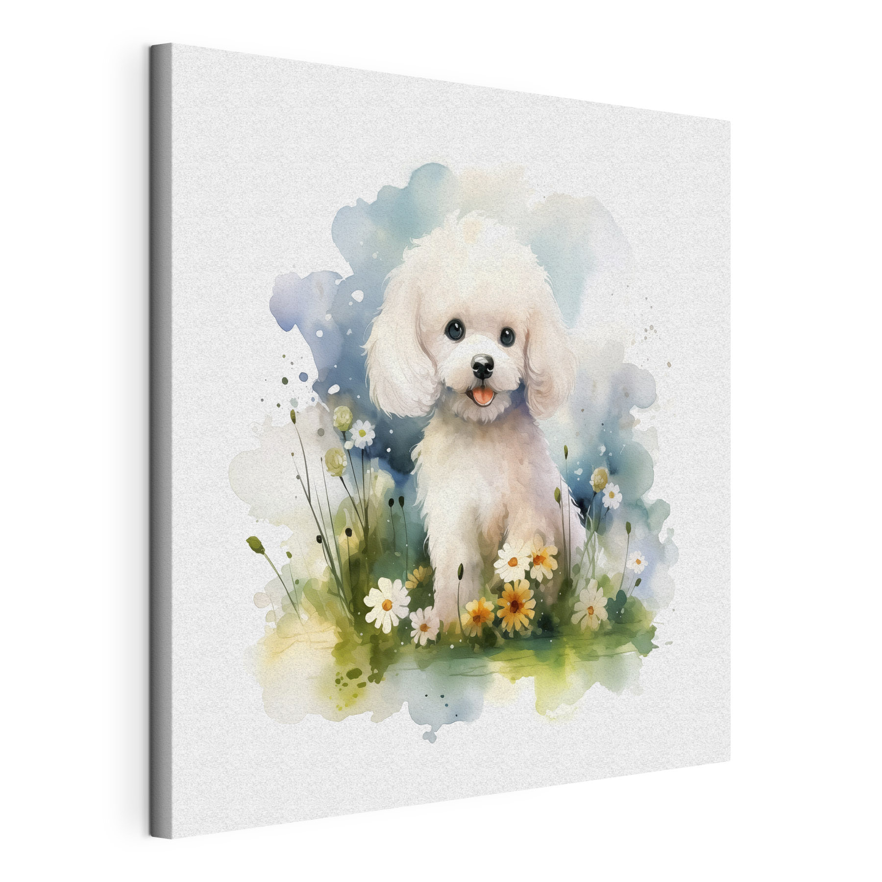 White dog sitting in a field of flowers