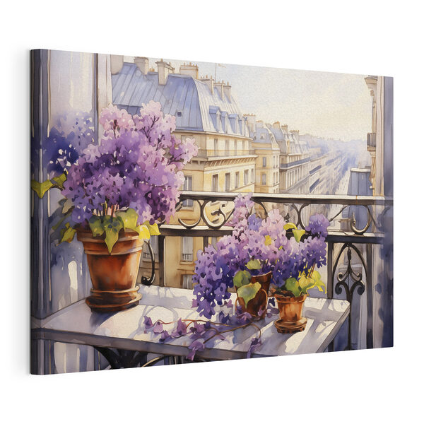 Aquarellmalerei eines Balkons mit lila Blumen Wandbilder Aquarellmalerei eines Balkons mit lila Blumen