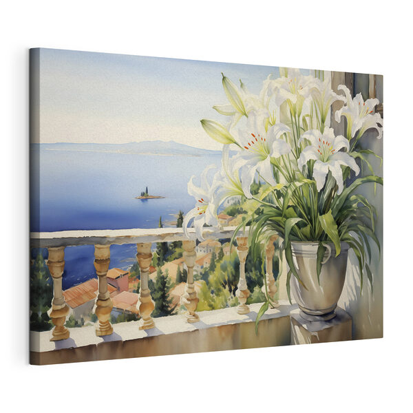 Painting of a balcony with a view of a city and a sea Painting of a balcony with a view of a city and a sea