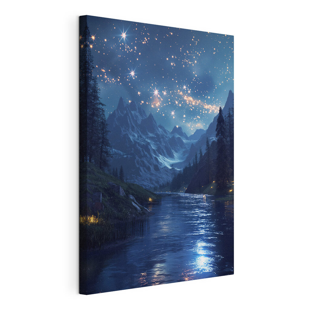 River with a mountain and stars in the sky