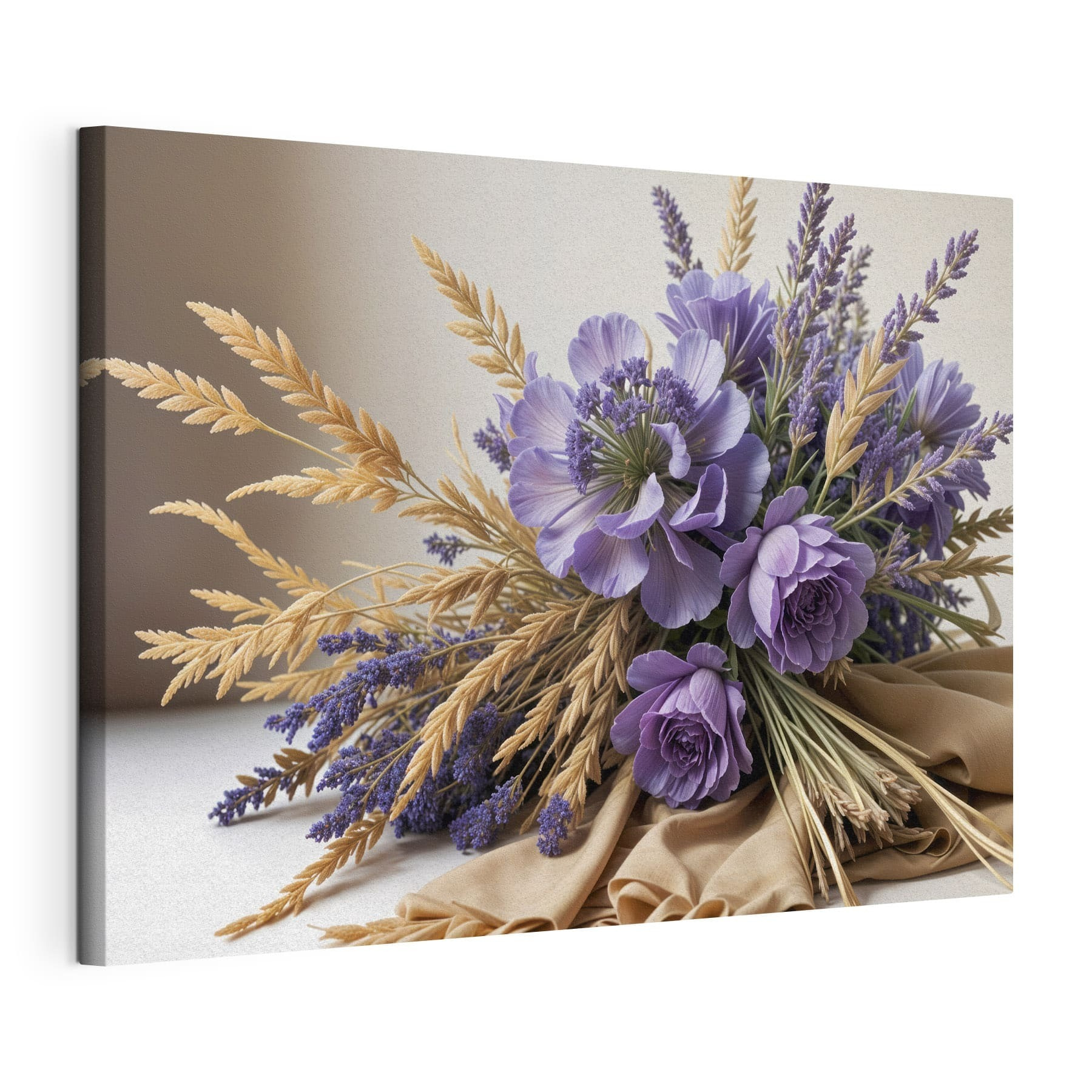 Bouquet of purple flowers and wheat