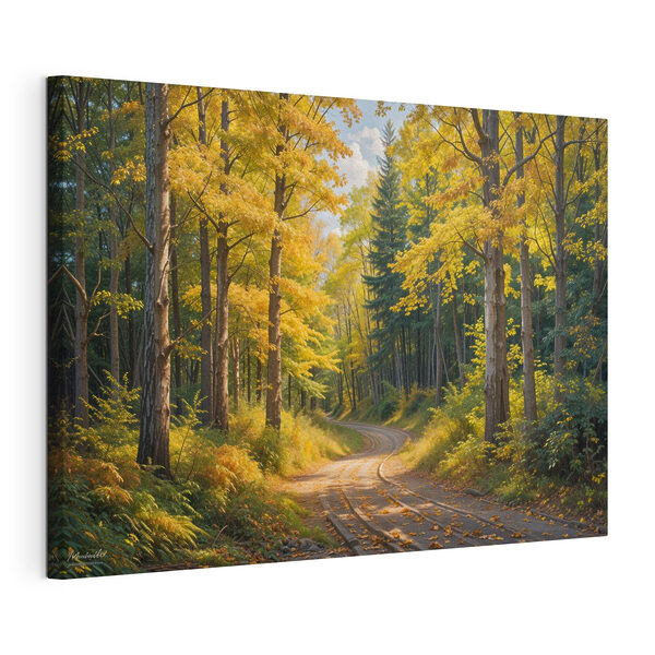 Straße durch einen Wald mit gelben Blättern Wandbilder Straße durch einen Wald mit gelben Blättern