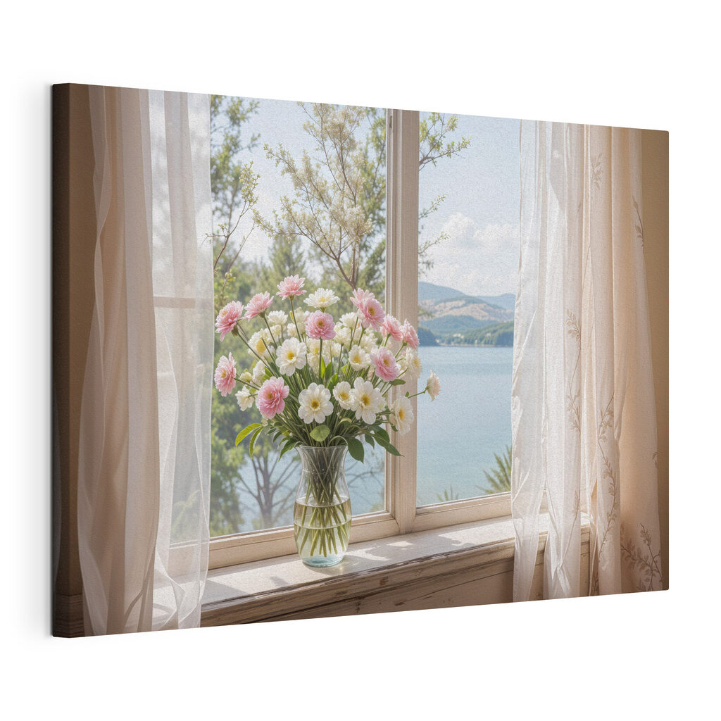 Vase of flowers in front of a window