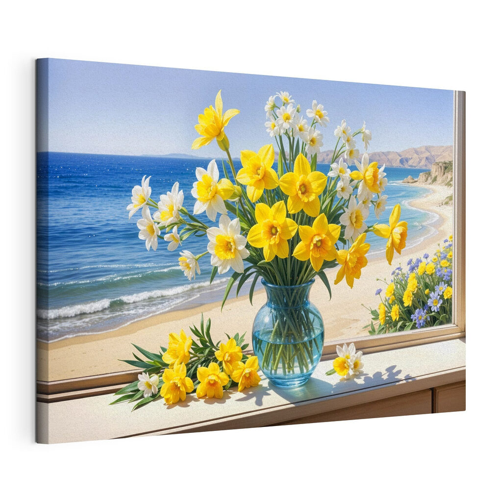 Vase of yellow and white flowers on a window sill