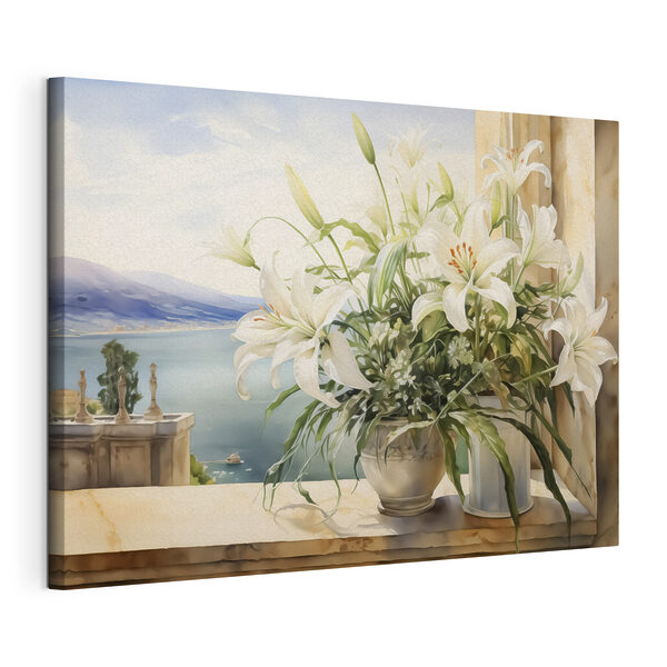 Wandbilder Wandbilder Gemälde eines weißen Blumentopfs mit weißen Blumen (Artikelnummer: s40682)