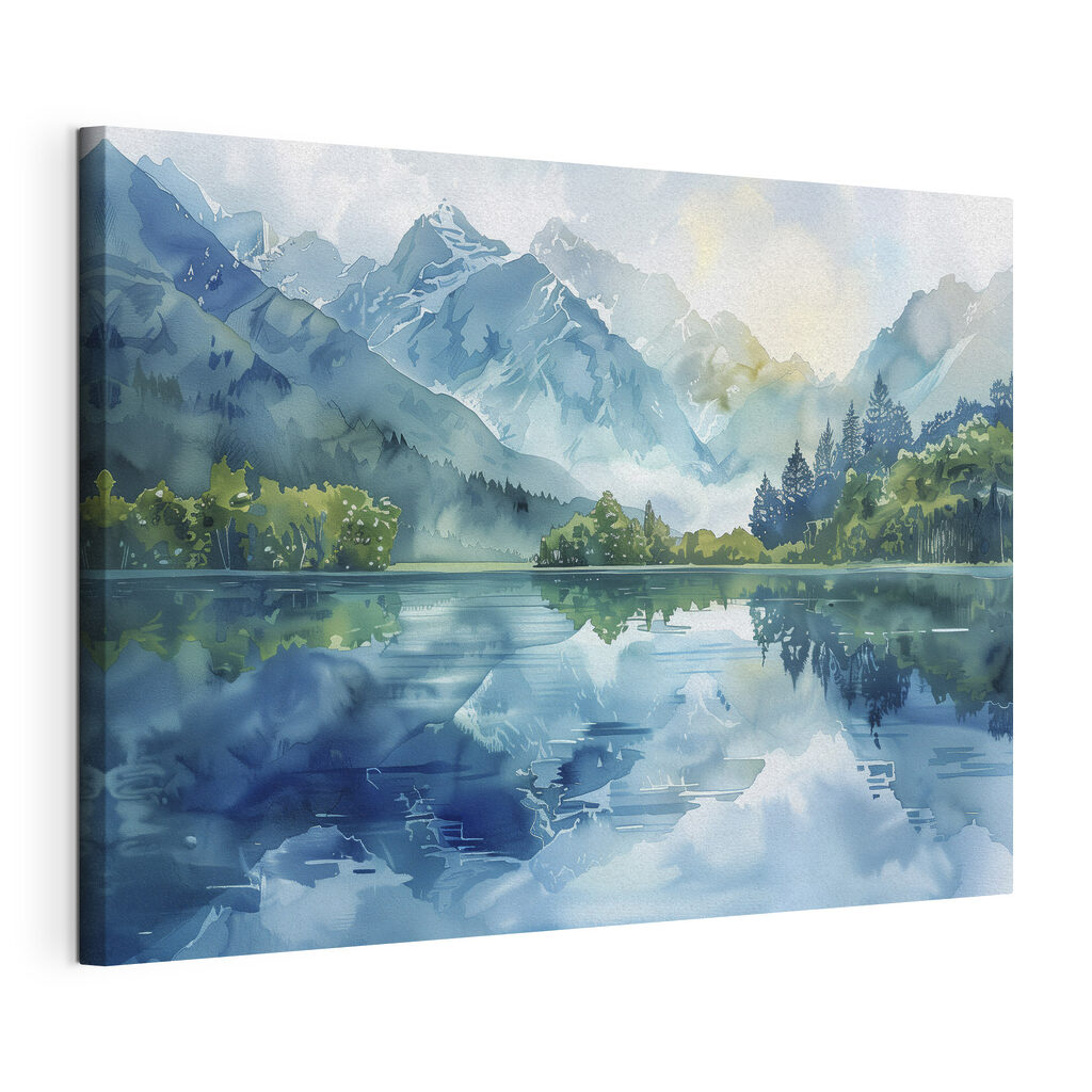 Water painting of a lake with trees and mountains in the background