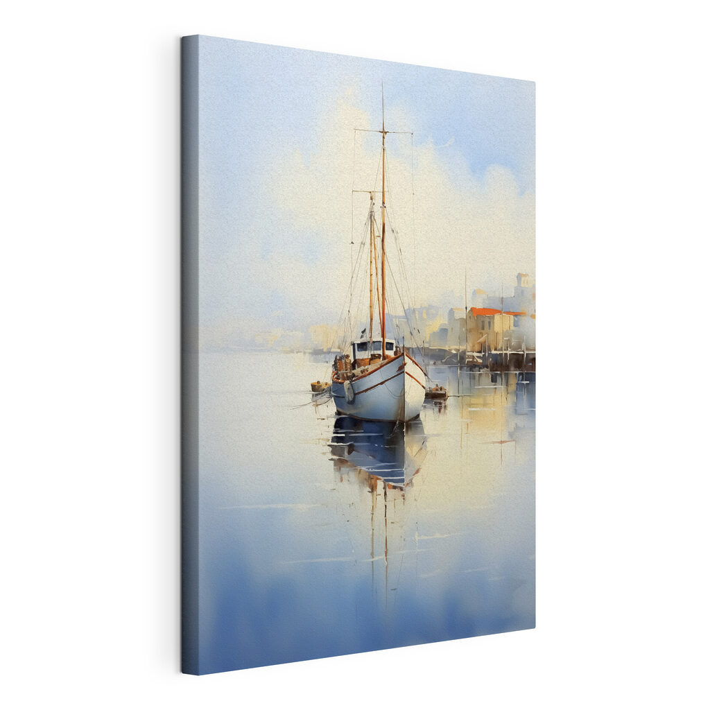 Watercolor of a boat in a harbor