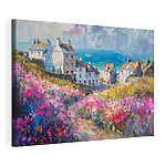 Aquarellmalerei von Bäumen und Felsen an einem See Wandbilder Gemälde eines Dorfes mit Blumen