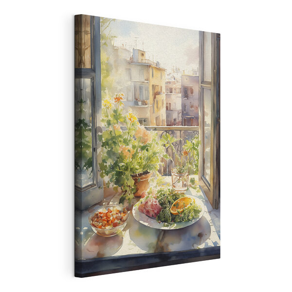 Aquarellmalerei eines Tisches mit Essen und Blumen vor einem Fenster Wandbilder Aquarellmalerei eines Tisches mit Essen und Blumen vor einem Fenster
