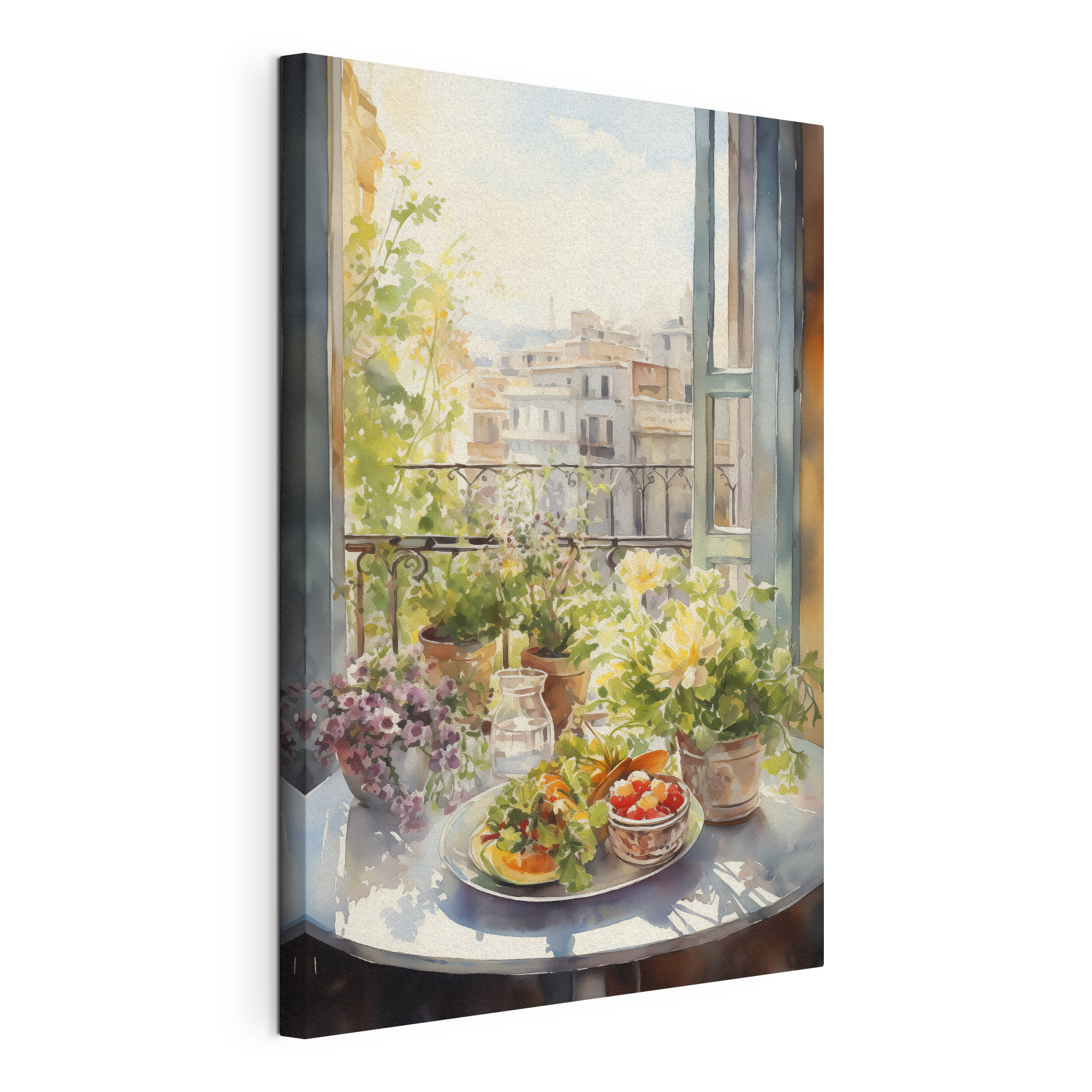 Watercolor painting of flowers and fruits on a table in front of a window