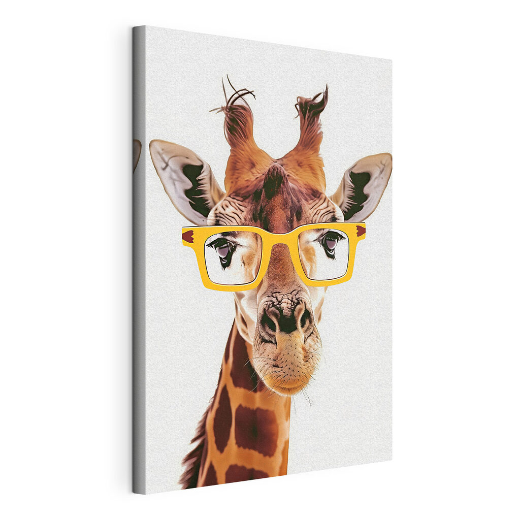 A giraffe wearing yellow glasses