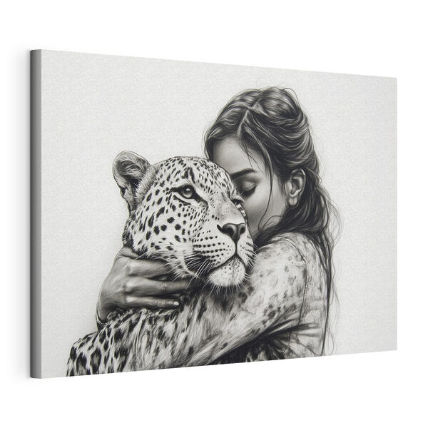 Wandbilder Wandbilder Zeichnung einer Frau, die einen Leoparden umarmt (Artikelnummer: s41455)