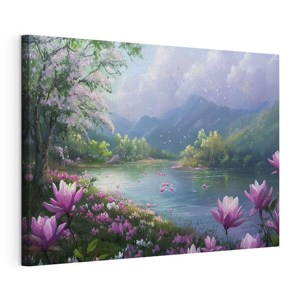 Fluss mit Blumen und Bergen im Hintergrund Wandbilder Fluss mit Blumen und Bergen im Hintergrund