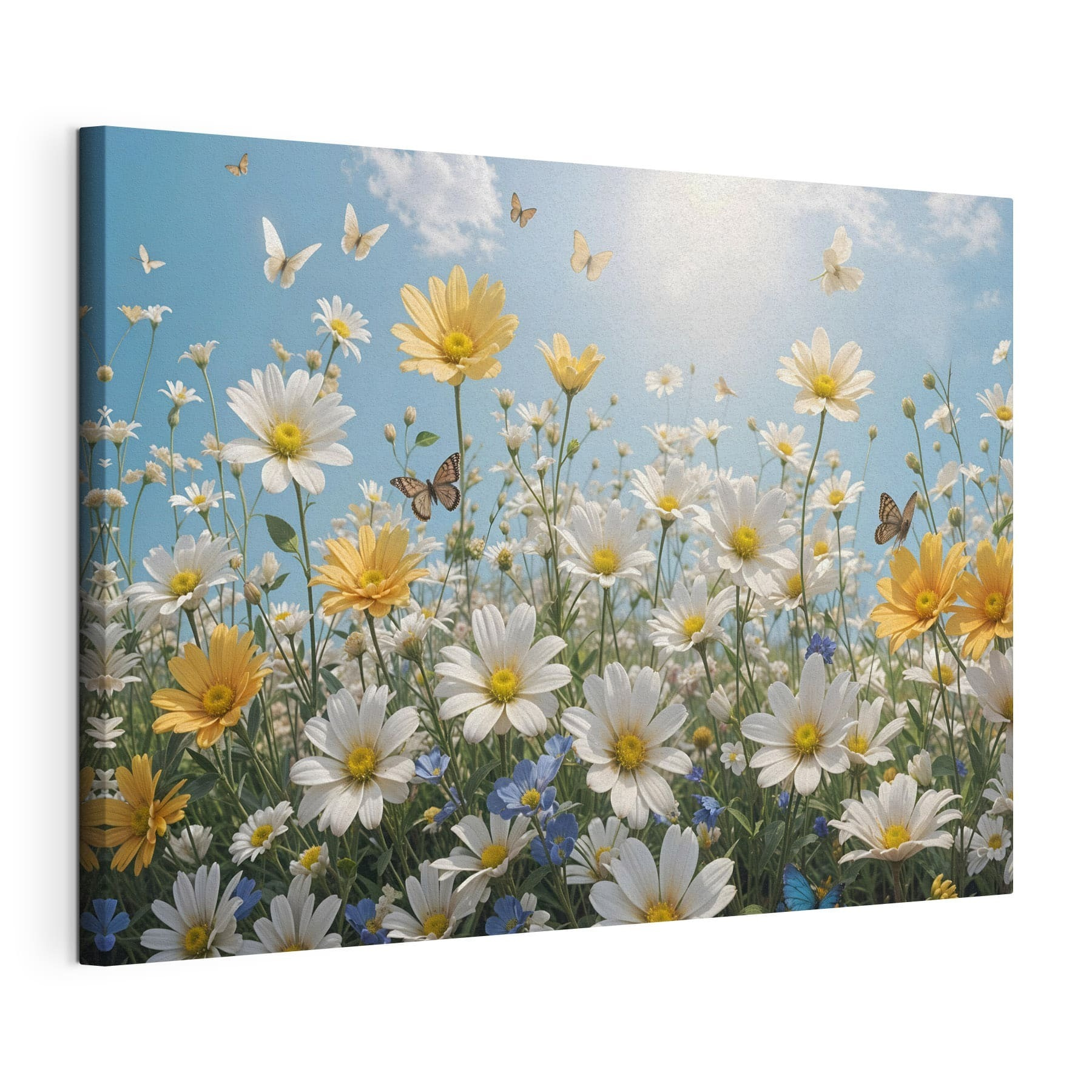 Group of butterflies flying over a field of flowers