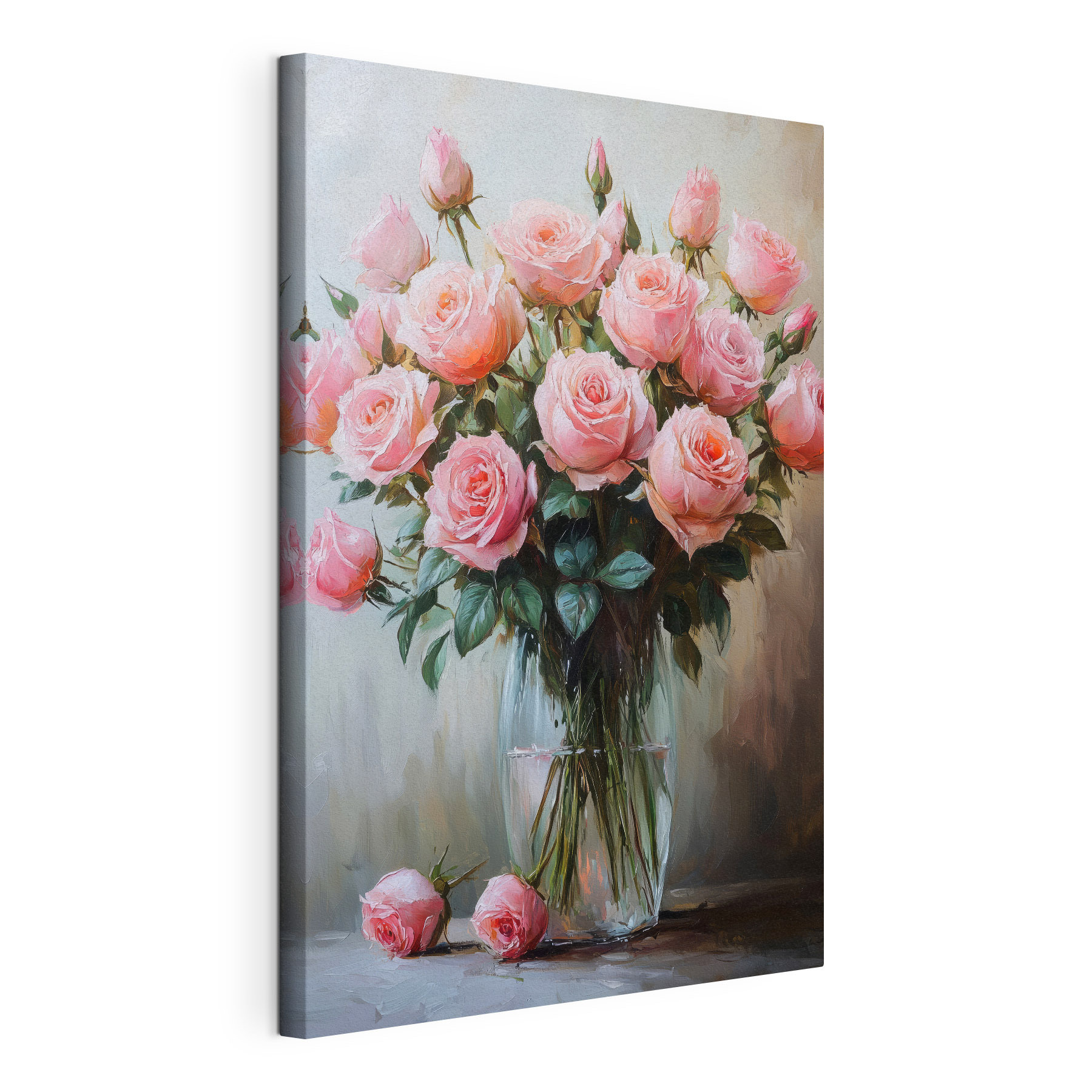 Painting of pink roses in a vase