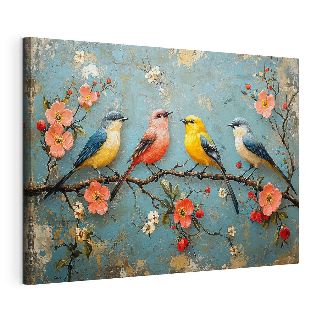 Group of birds on a branch with flowers Group of birds on a branch with flowers