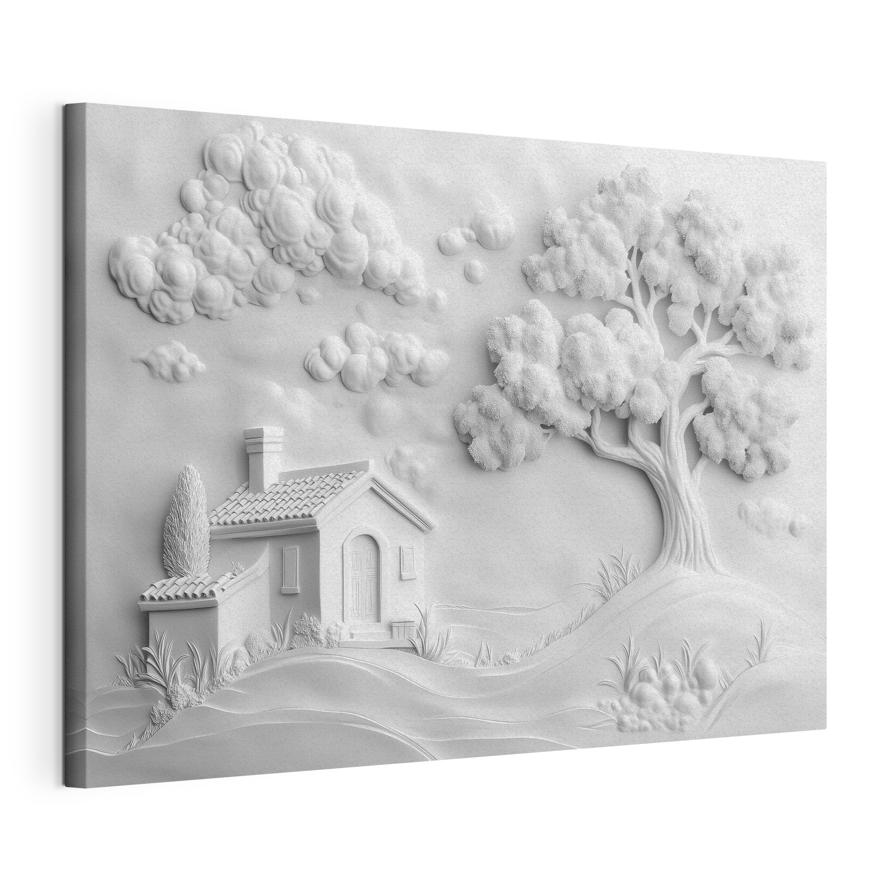 White wall art with a house and tree