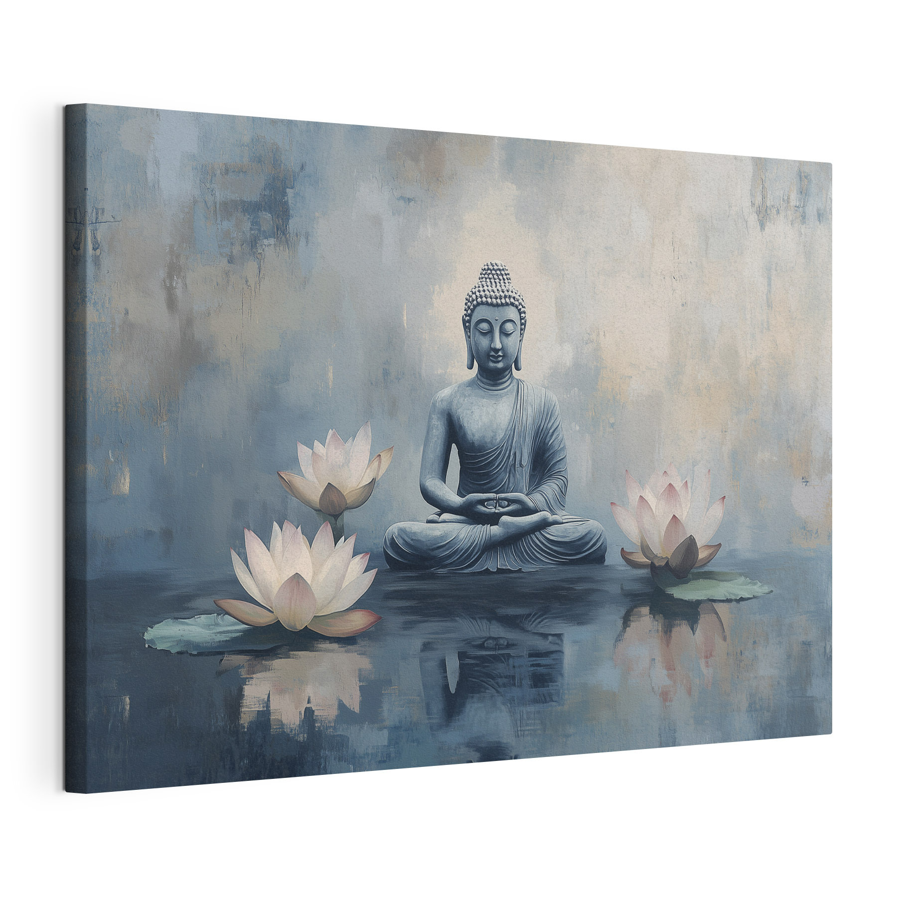Statue of a buddha sitting in a lotus position surrounded by water