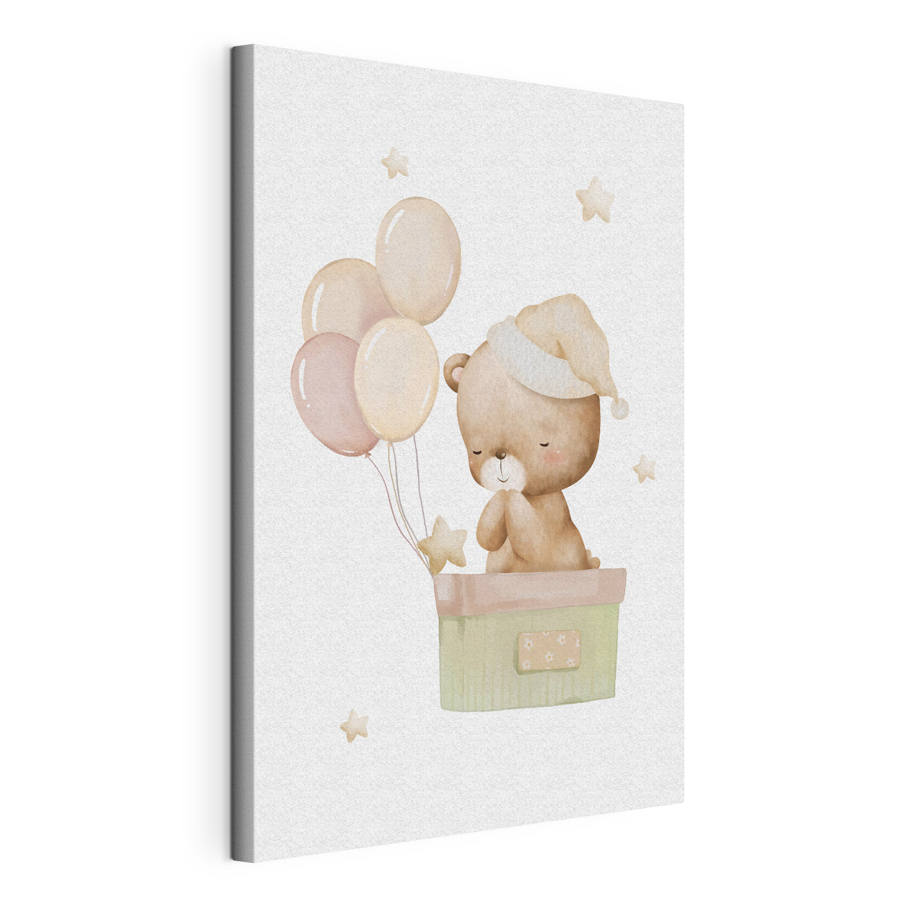 A teddy bear in a box with balloons A teddy bear in a box with balloons