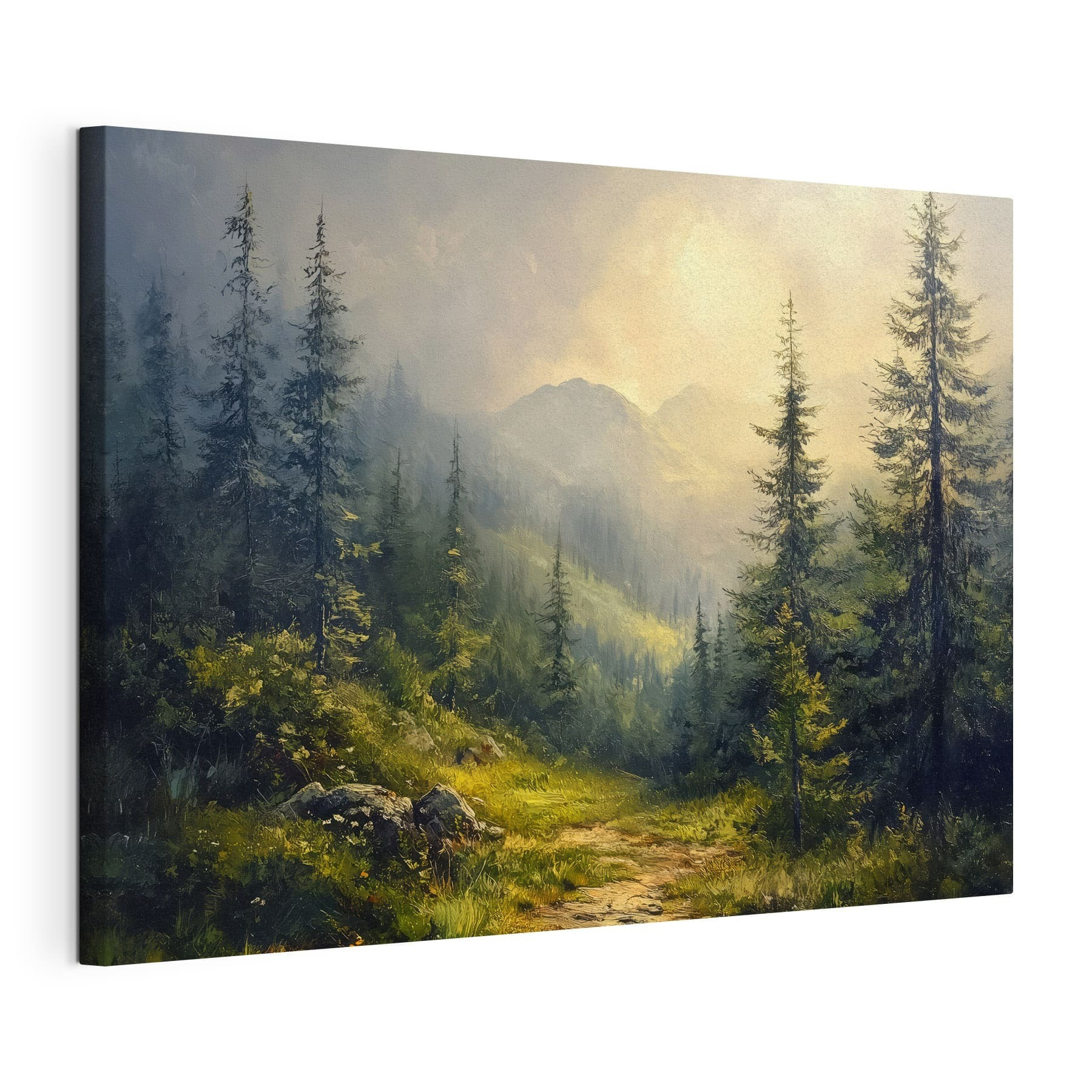 Painting of a forest with mountains and trees