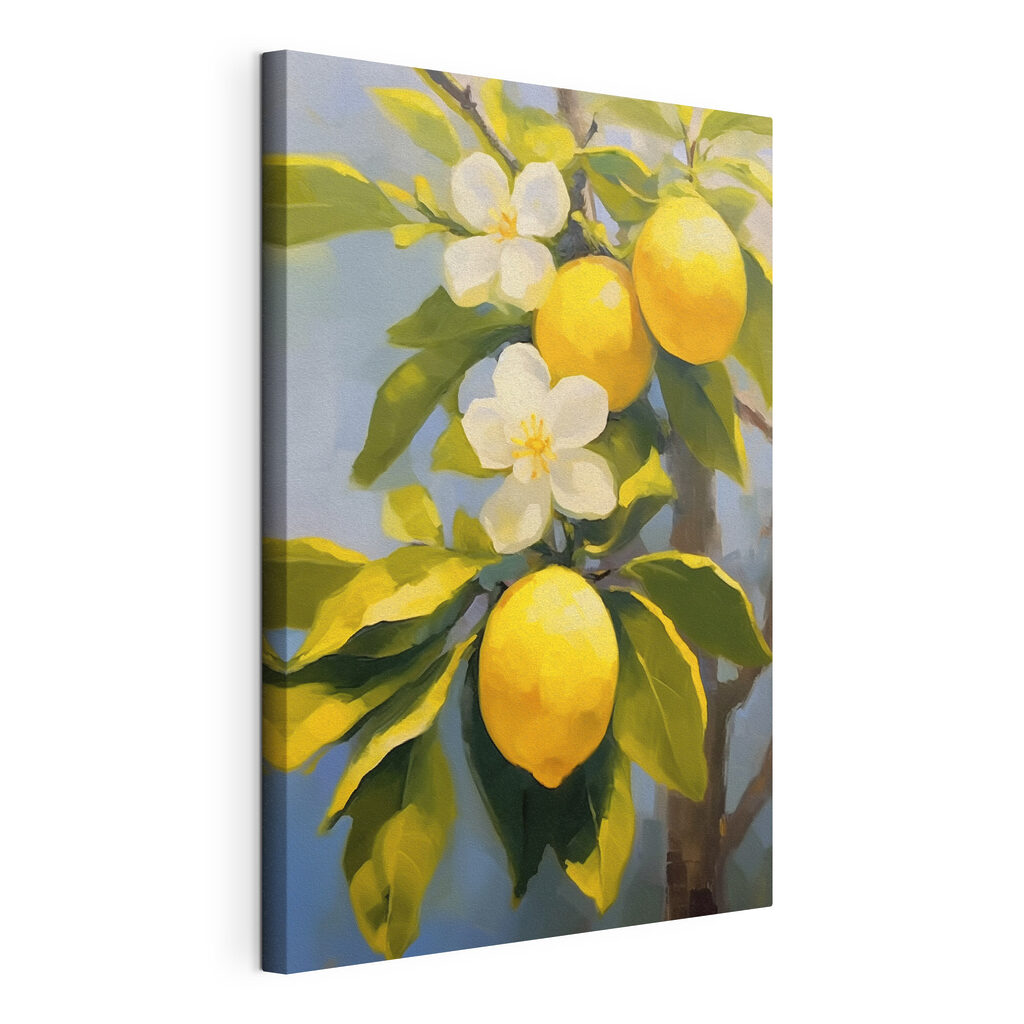 Painting of lemons and flowers on a tree