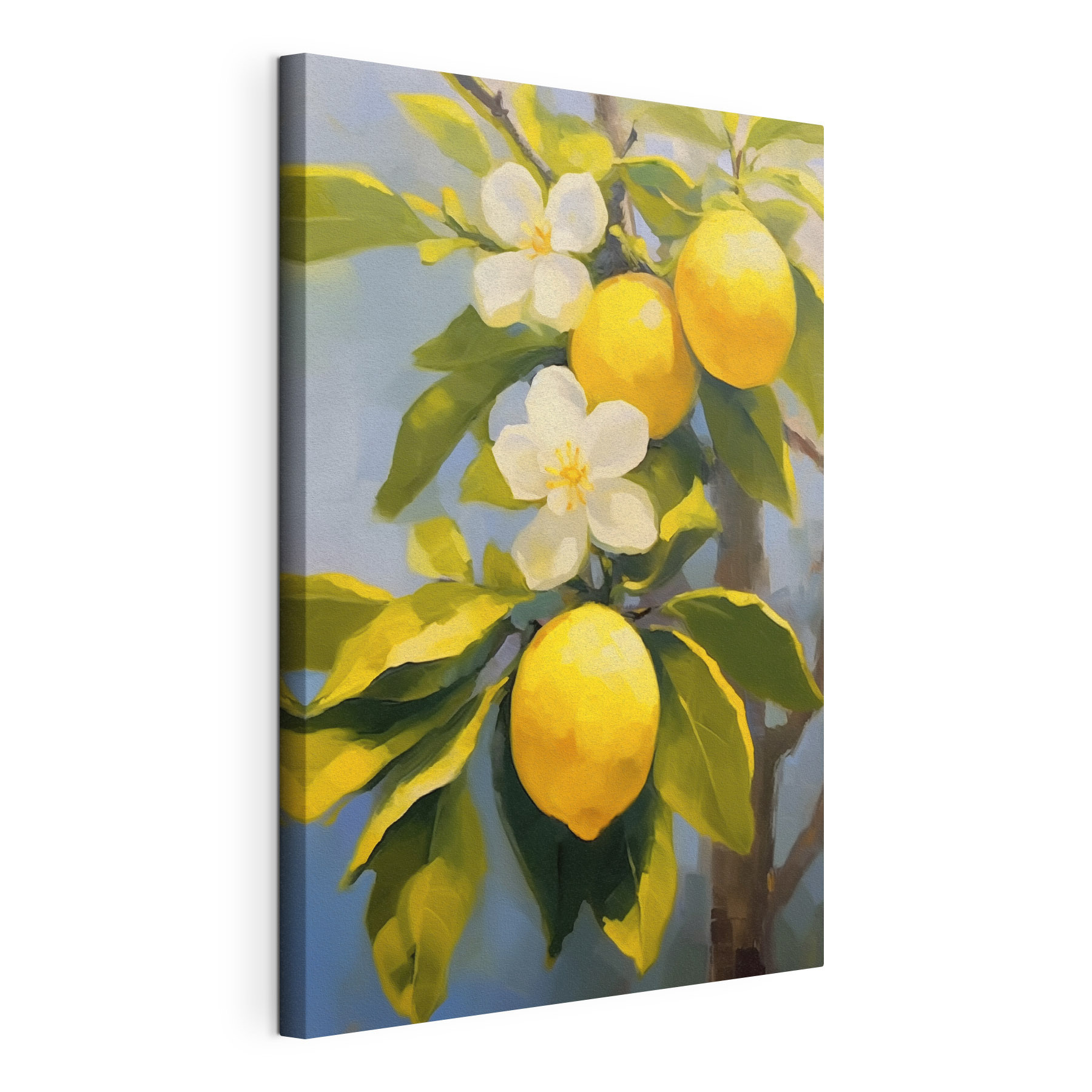 Painting of lemons and flowers on a tree