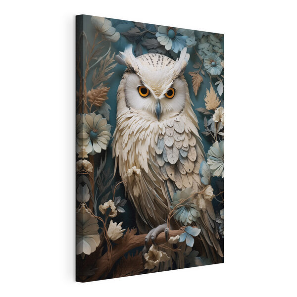 Weiße Eule mit gelben Augen und einem blauen Hintergrund mit Blumen Wandbilder Weiße Eule mit gelben Augen und einem blauen Hintergrund mit Blumen