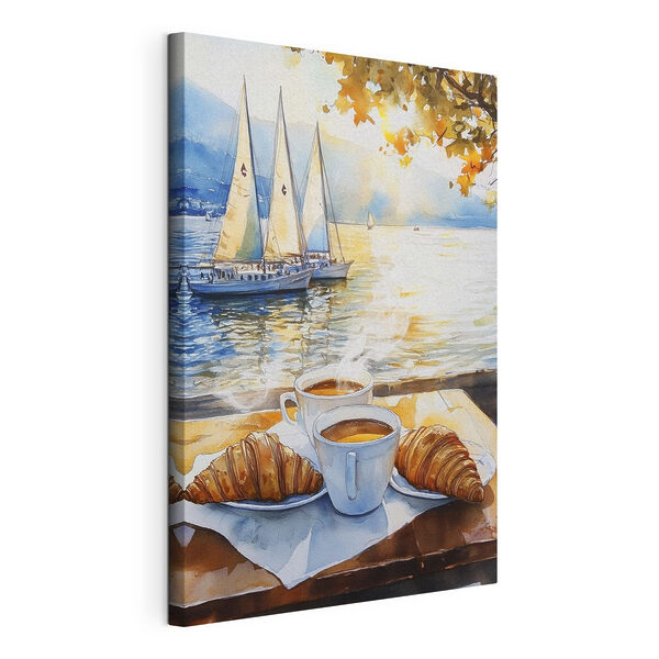 Wandbilder Aquarellmalerei eines Tisches mit Kaffee und Croissants
