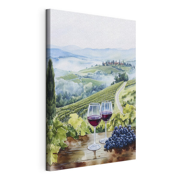 Wandbilder Aquarell von Weingläsern auf einem Tisch mit Trauben und Hügeln im Hintergrund (Artikelnummer: s42445) Wandbilder Wandbilder Aquarell von Weingläsern auf einem Tisch mit Trauben und Hügeln im Hintergrund (Artikelnummer: s42445)