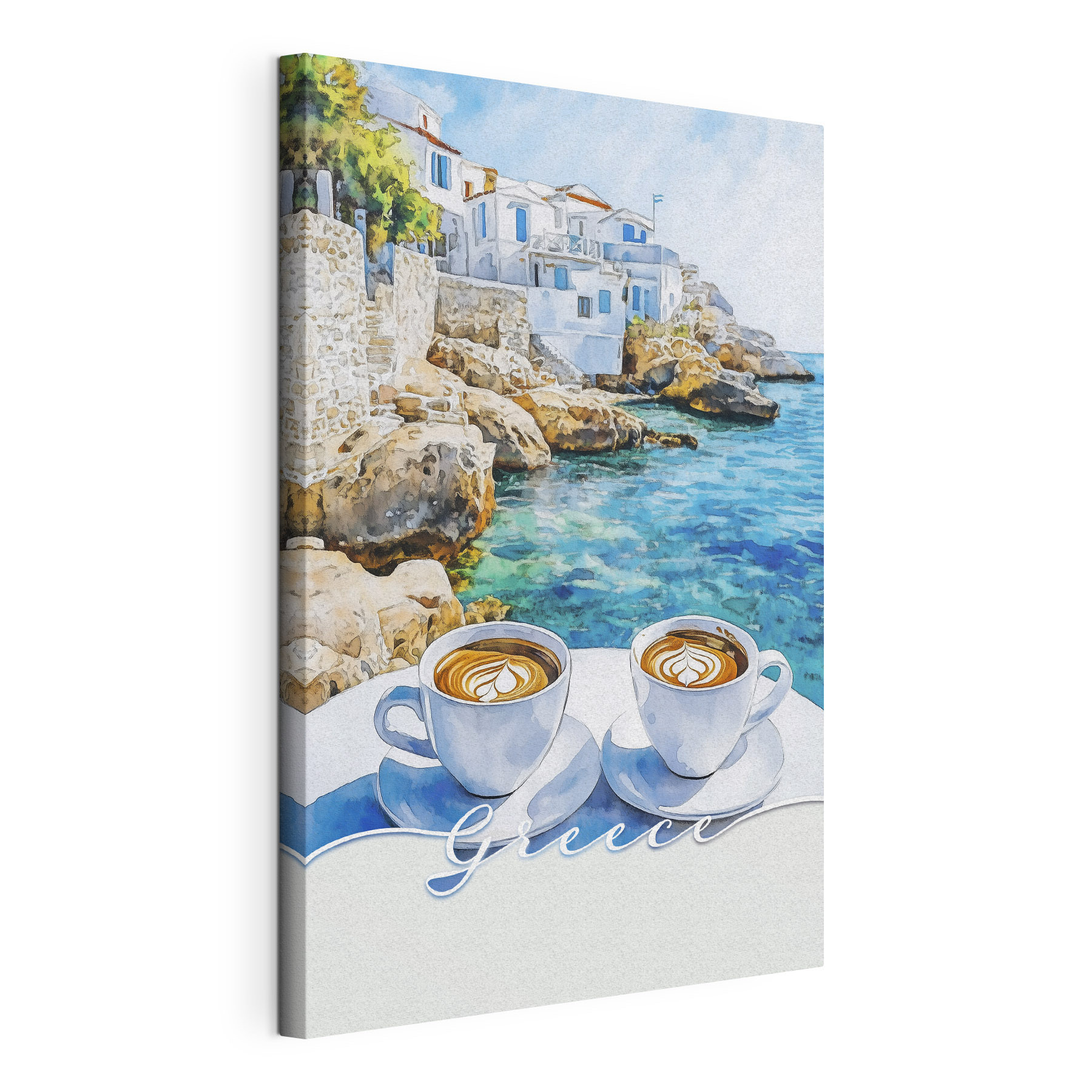 Two cups of coffee on a table by the water Two cups of coffee on a table by the water