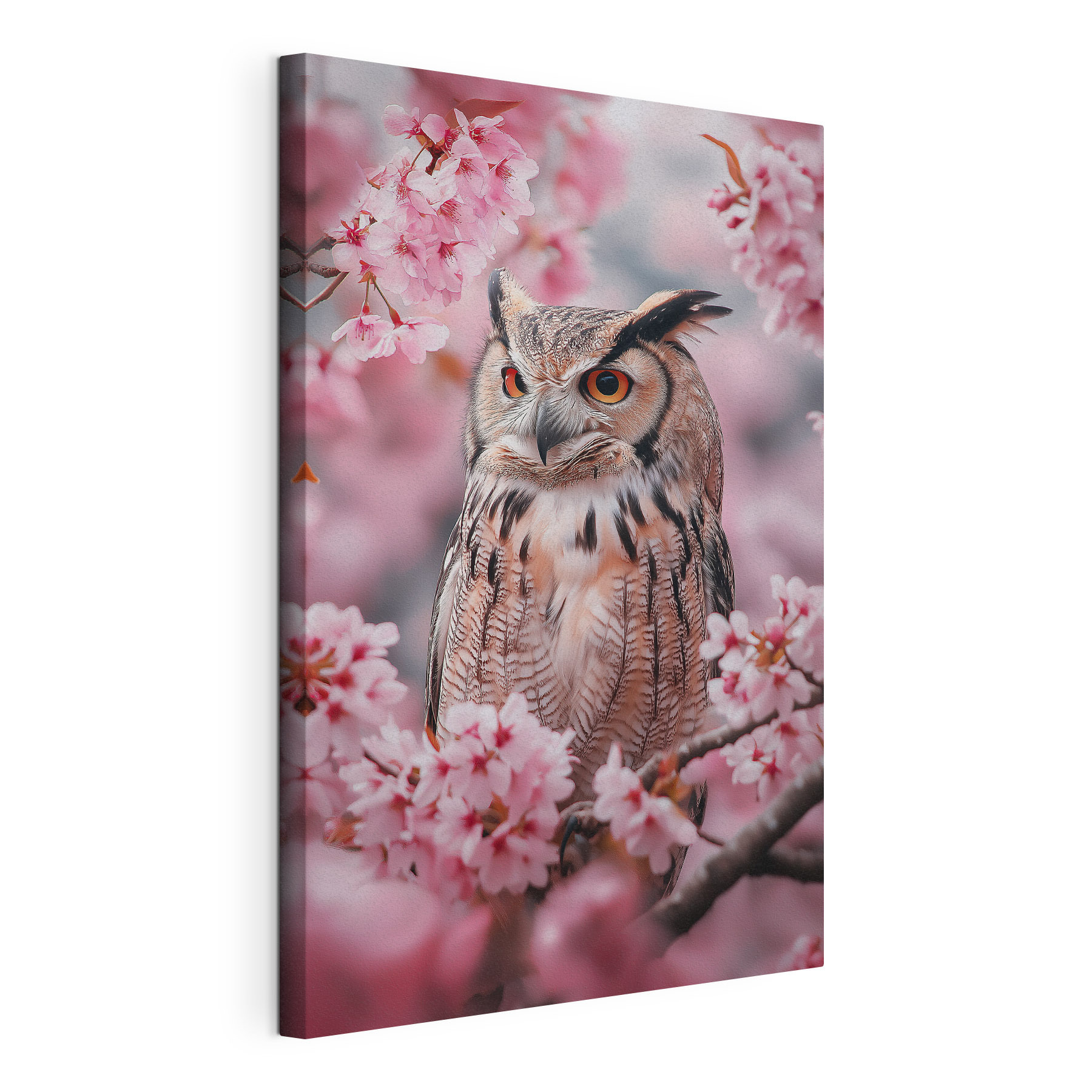 An owl in a tree with pink flowers An owl in a tree with pink flowers