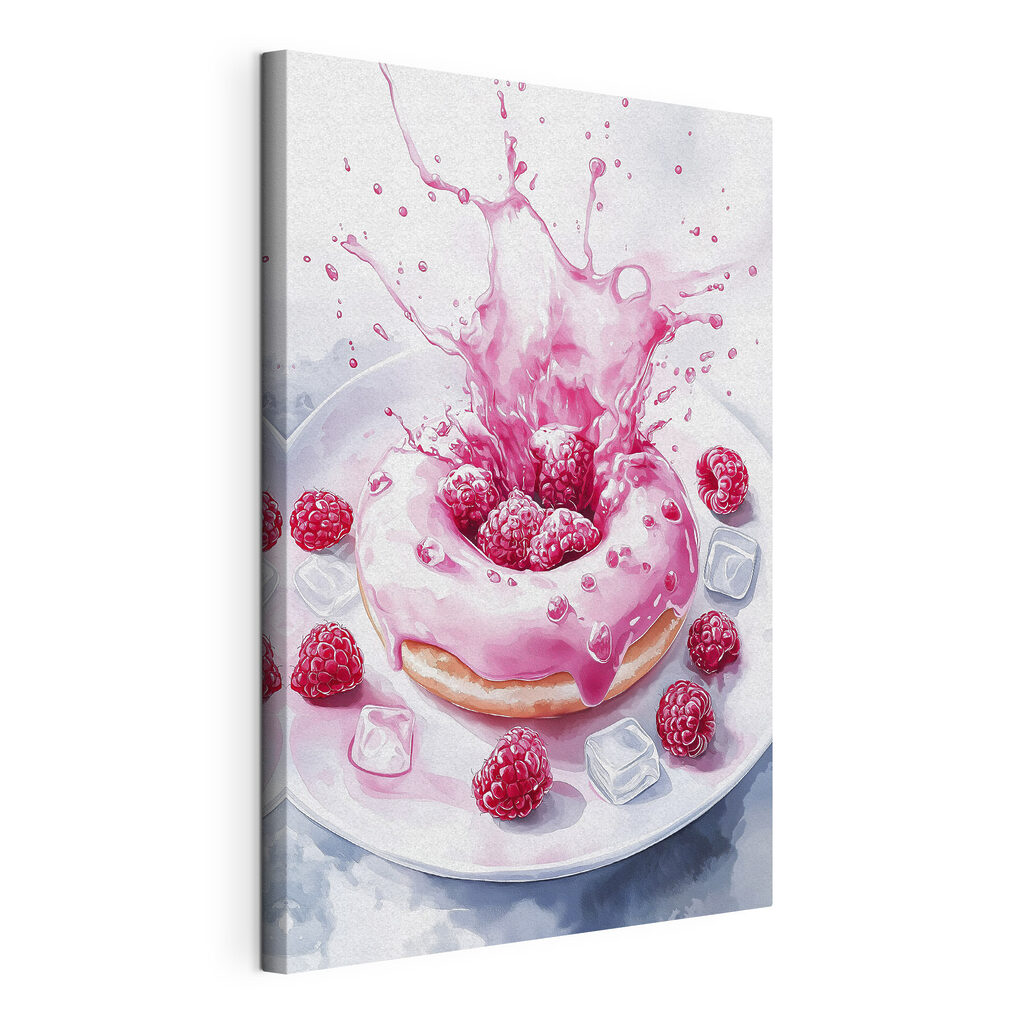 Donut with pink frosting and raspberries splashing into a white plate
