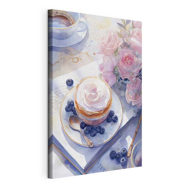 Wandbilder Aquarellmalerei eines Desserts mit einer Rose auf einem Teller mit Blaubeeren und einem Löffel (Artikelnummer: s43053) Wandbilder Wandbilder Aquarellmalerei eines Desserts mit einer Rose auf einem Teller mit Blaubeeren und einem Löffel (Artikelnummer: s43053)