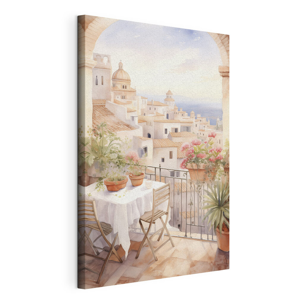 Watercolor painting of a table and chairs on a balcony overlooking a city