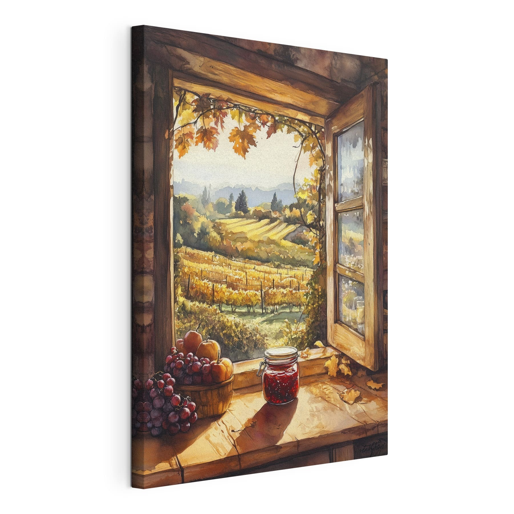 Window with a view of a vineyard and a jar of jam