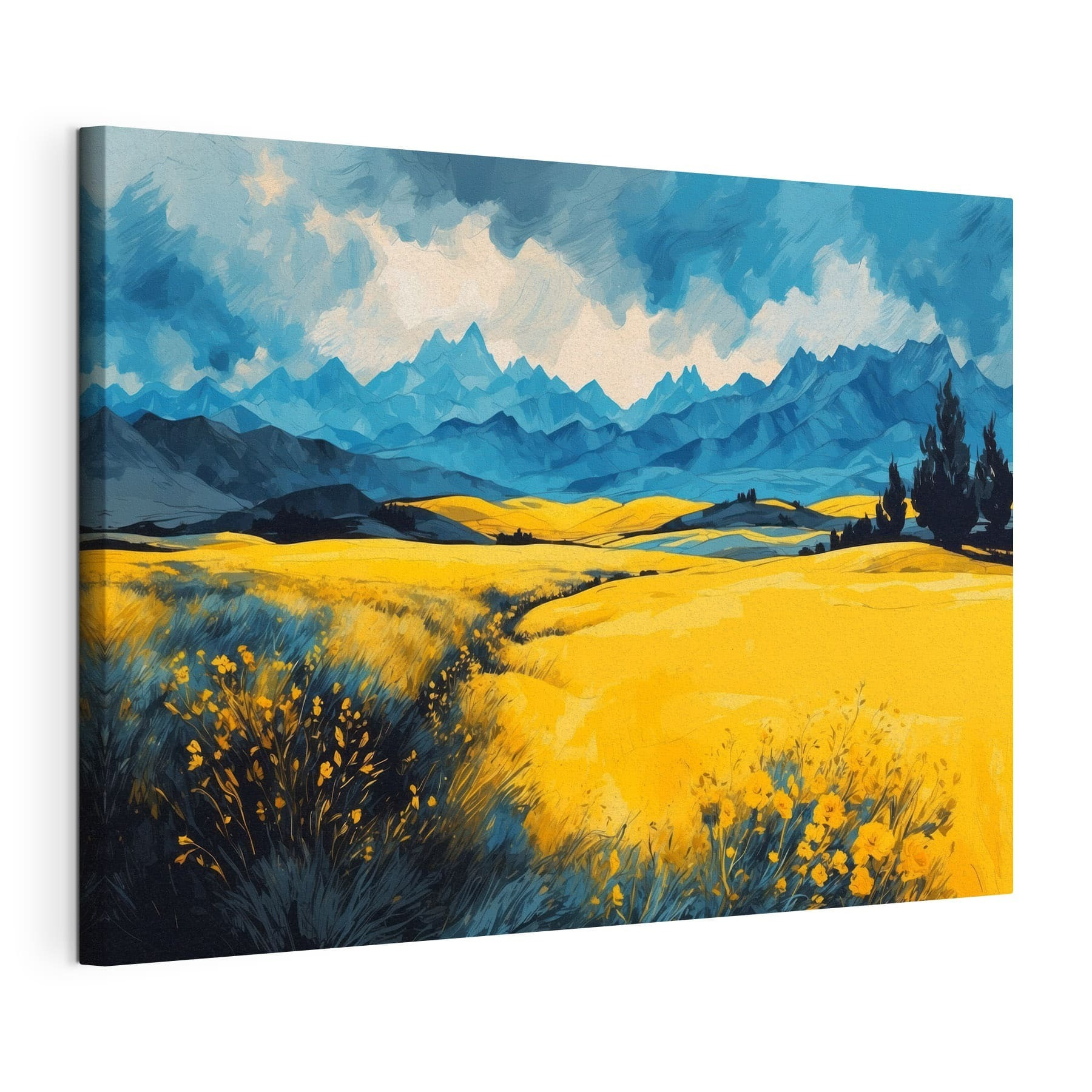 Yellow field with mountains in the background
