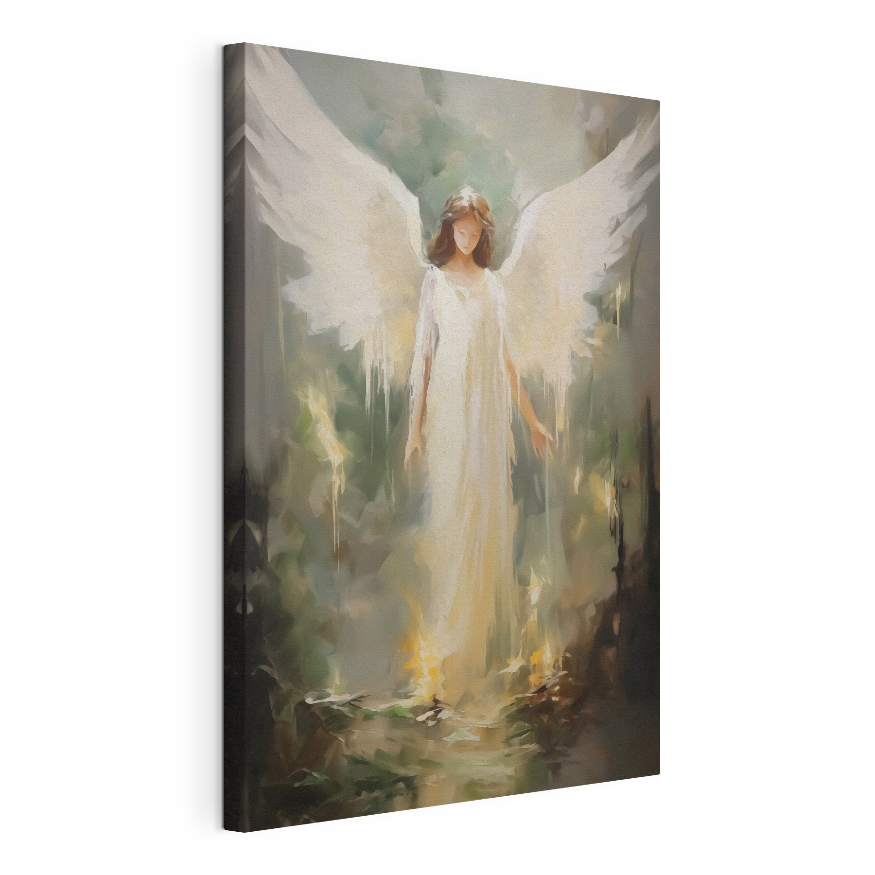 Painting of a woman in a white dress with wings