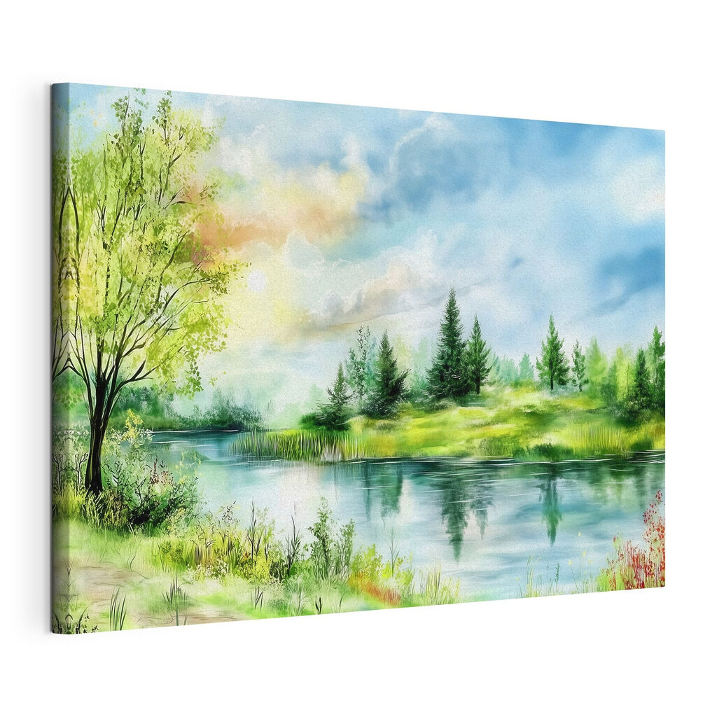 Watercolor painting of a lake with trees and grass