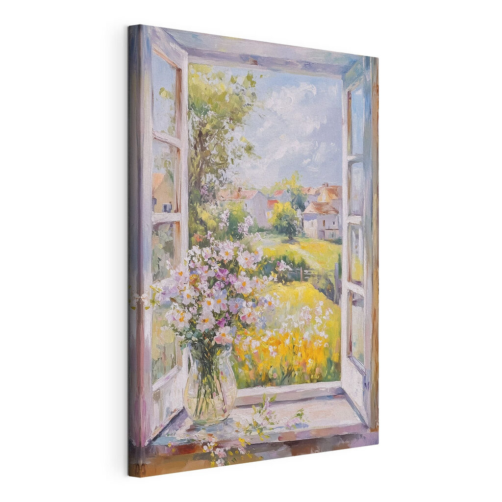 Painting of a window with flowers in it Painting of a window with flowers in it