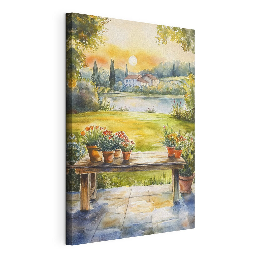 Watercolor painting of a table with potted plants on it Watercolor painting of a table with potted plants on it