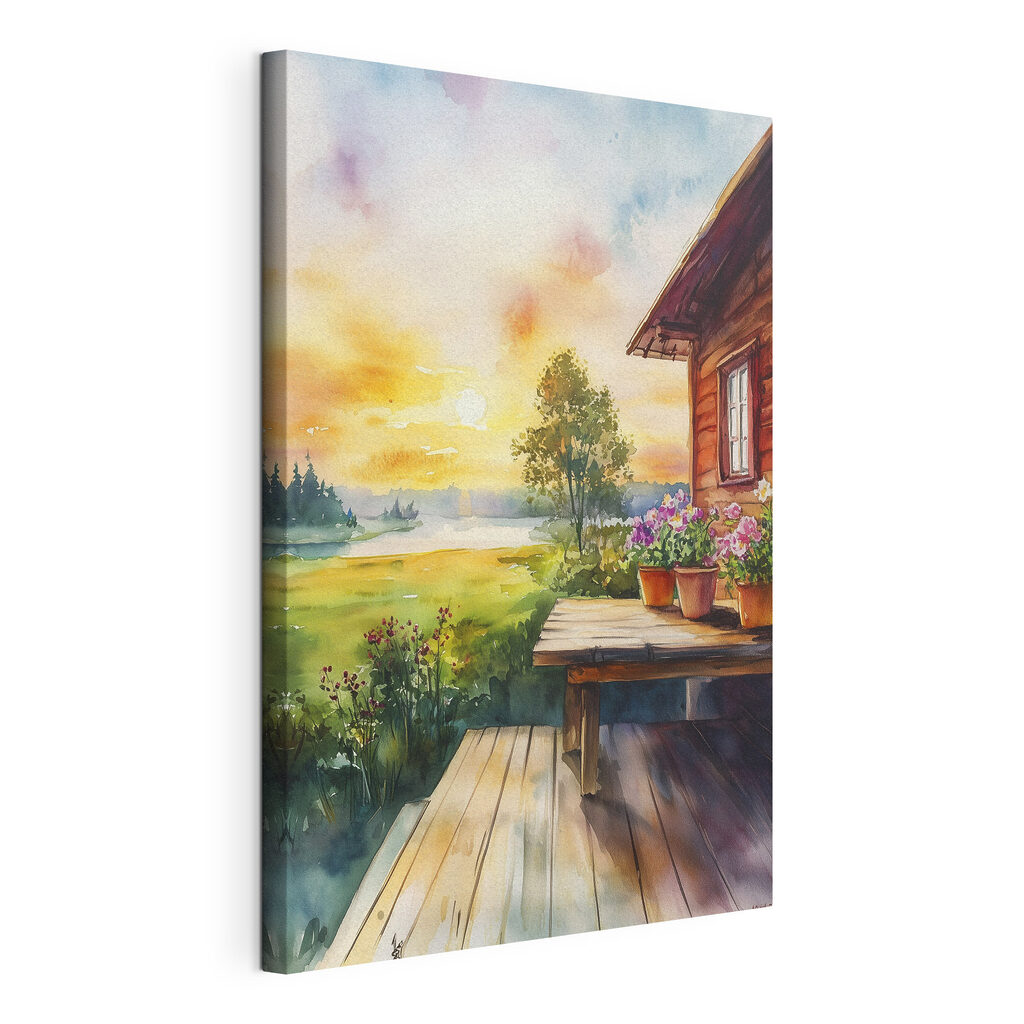 Watercolor painting of a house with flowers on a table Watercolor painting of a house with flowers on a table
