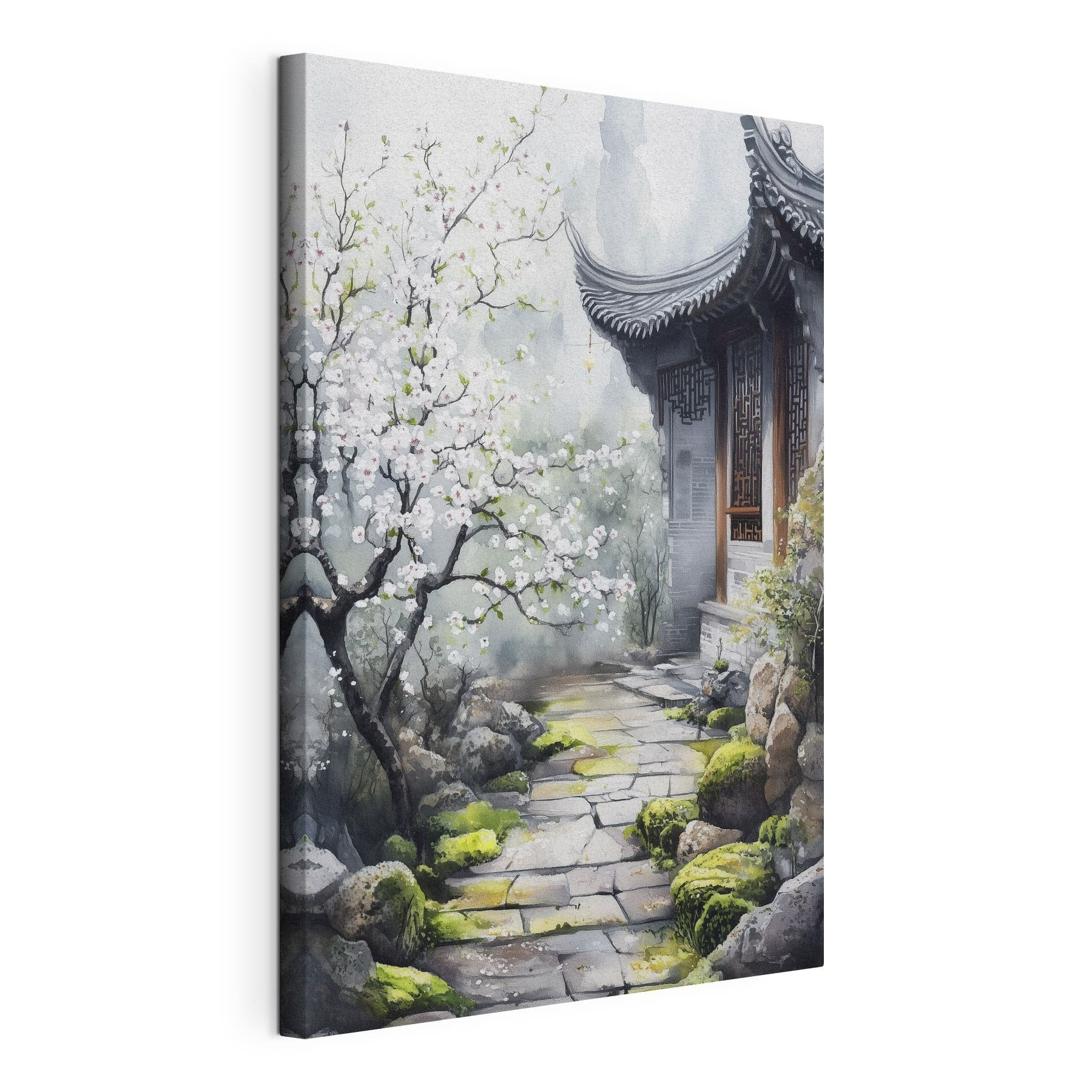 Painting of a building with a tree and flowers Painting of a building with a tree and flowers